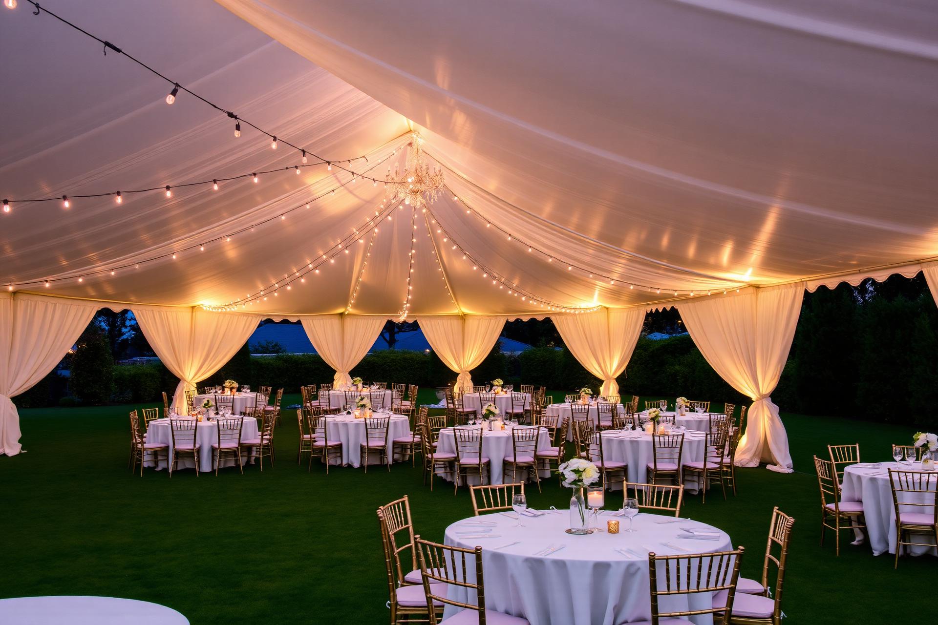 Elegant white tent setup with warm string lights and gold chiavari chairs